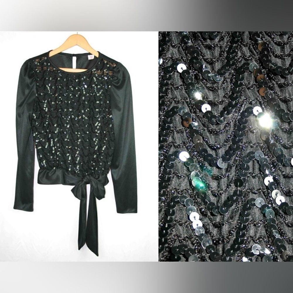 Vintage 80s Black Satin &Sequin wrap blouse size 11
